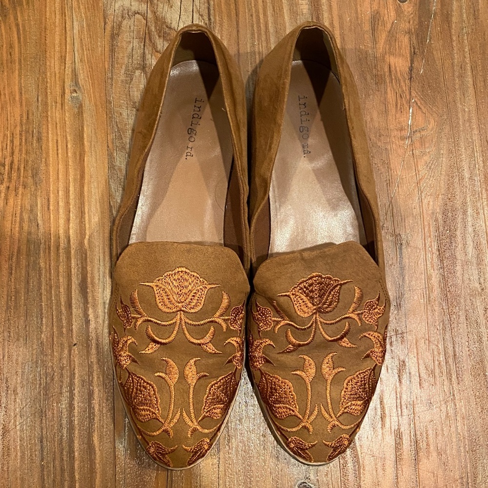 Brown Suede Embroidered Flats